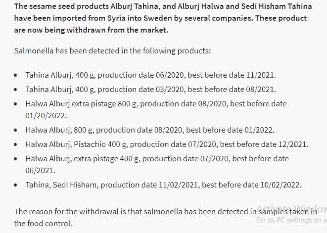 بيان هيئة الأغذية السويدية حول سحب منتجات سورية محددة من السوق السويدية