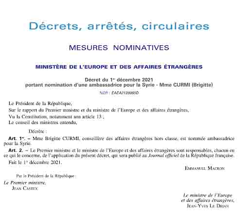 نص المرسوم القاضي بتعيين بريجيت كورمي سفيرة لسوريا | موقع الحكومة الفرنسية