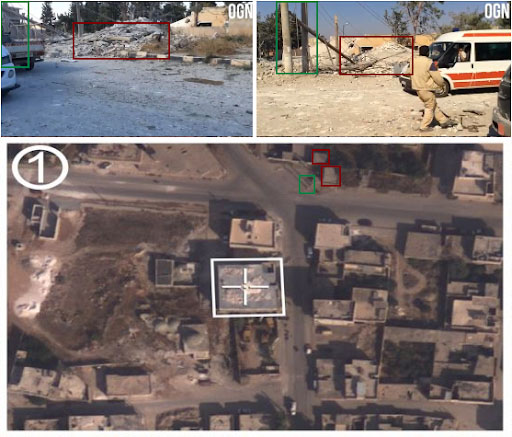 مكان سقوط الغارتين الروسيتين (المستطيلان الأحمران)