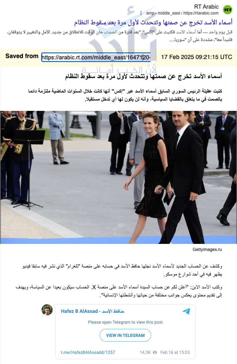 لقطة شاشة للخبر الذي نشرته "روسيا اليوم"