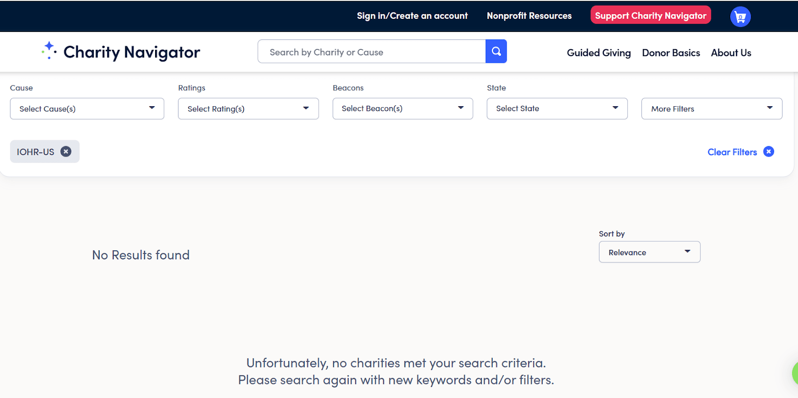نتائج البحث عن اسم المنظمة المختصر في موقع Charity Navigator