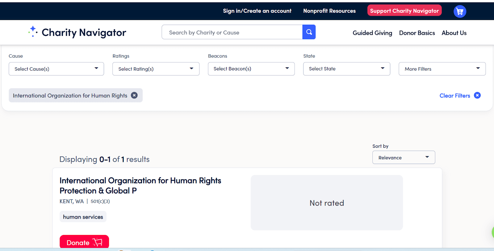 نتائج البحث عن اسم المنظمة الكامل في موقع Charity Navigator