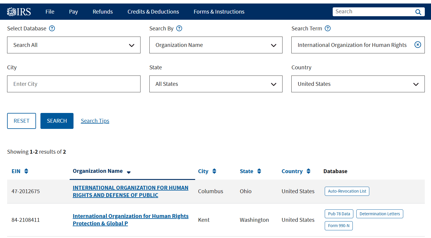 نتائج البحث عن اسم المنظمة الكامل في موقع مصلحة الضرائب الأمريكية
