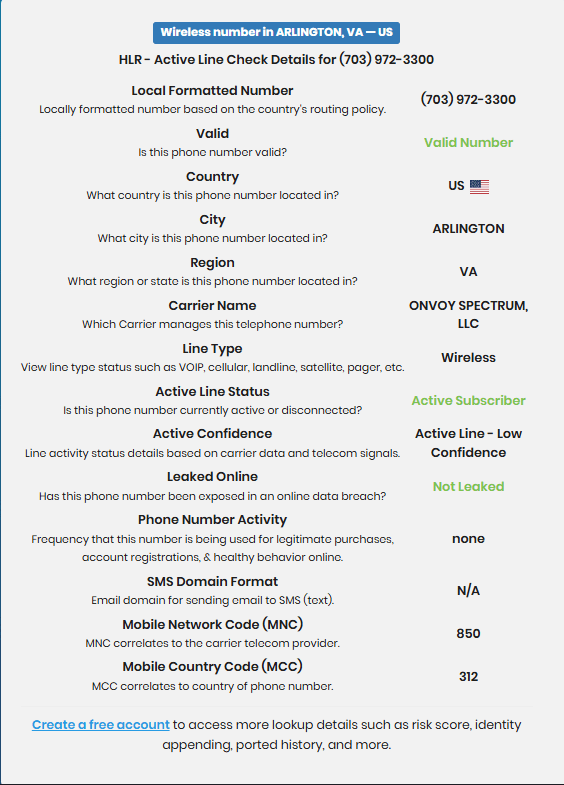 التعريف بالرقم على أنه افتراضي وليس مسجلاً ضمن شركة اتصالات أميركية وذلك حسب IP Quality Score