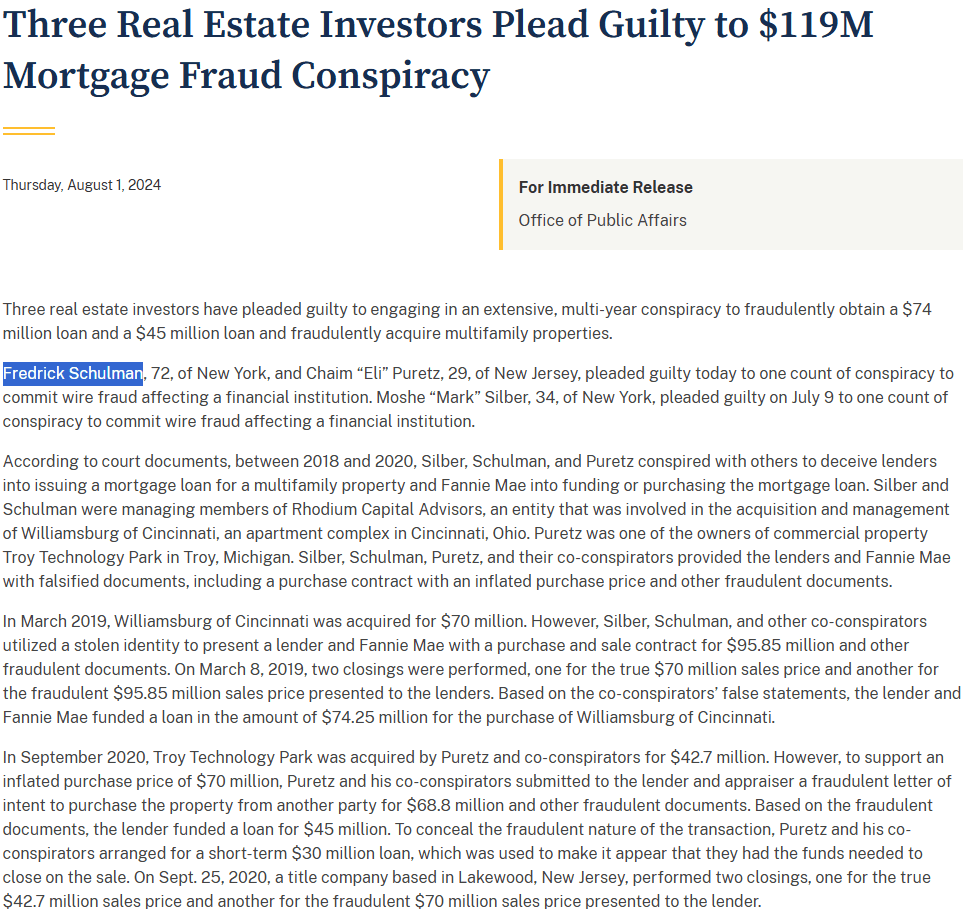 تحقيق حول قضية الاحتيال العقاري ذُكر فيها شولمان وأقرباؤه - موقع وزارة العدل الأميركية&nbsp;