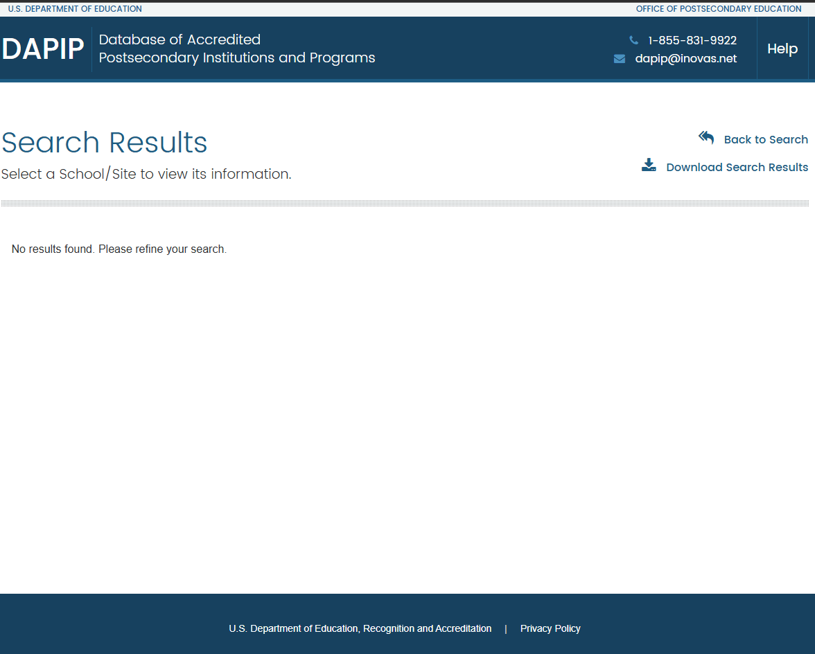 نتائج البحث في قاعدة بيانات وزارة التعليم العالي الأميركية للتحقق مما إذا كانت الجامعة مسجلة.