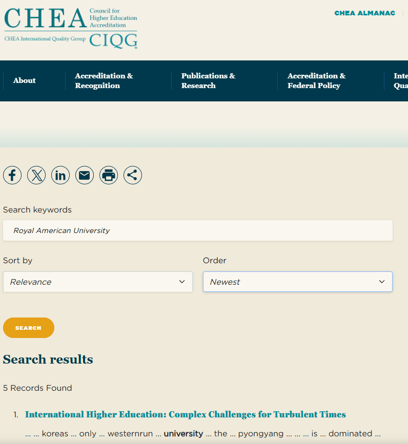 نتائج البحث في&nbsp;مجلس اعتماد التعليم العالي للتحقق من حالة الجامعة واعتماديتها.